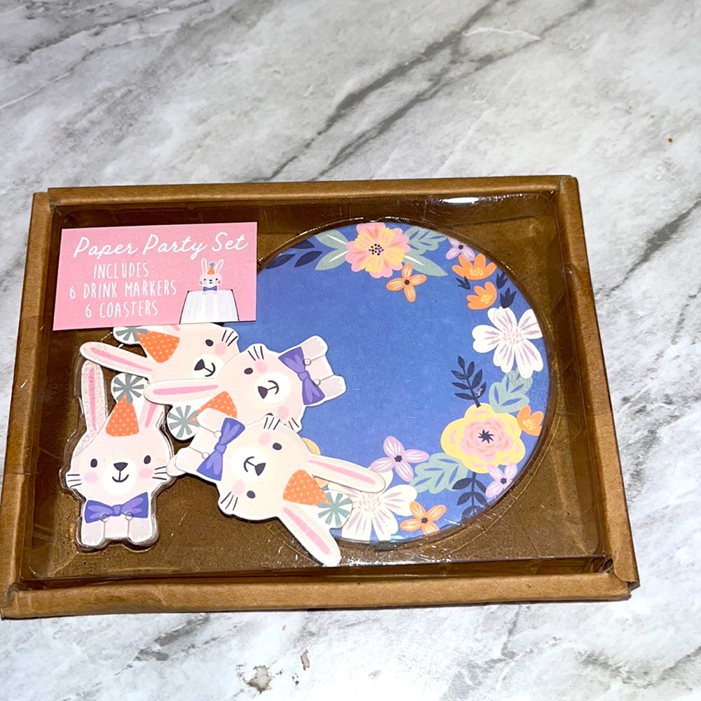 NEW TMD retail bunny paper party set drink makers and coasters set of 6